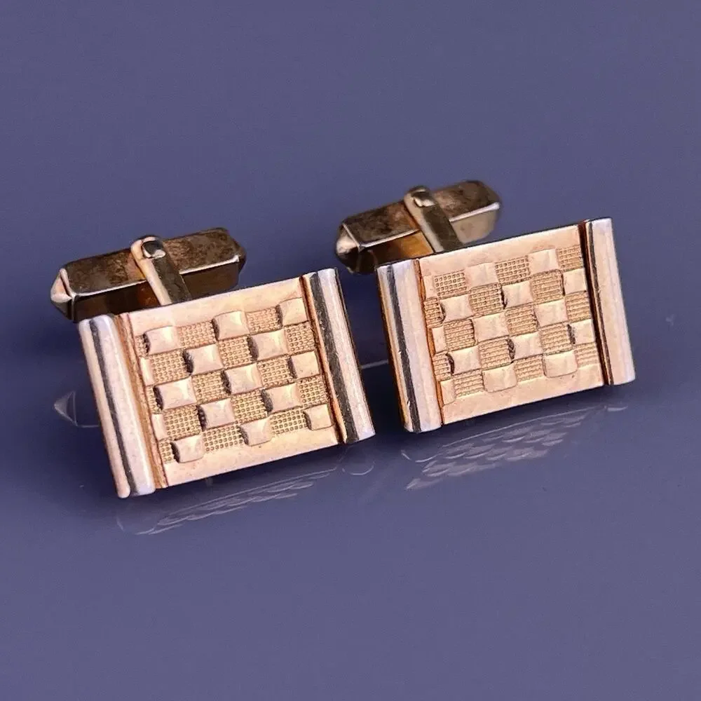 Checker Board Squares Cufflinks Gold Tone Rectangle Swank Vintage